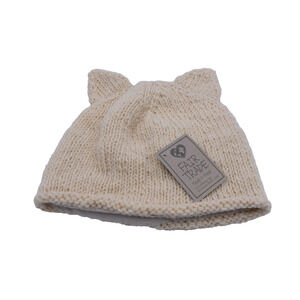 Cream Color Hand Knit Hat - Cat Ears Beanie - Fleece Lined - Nepal - New w/ Tags